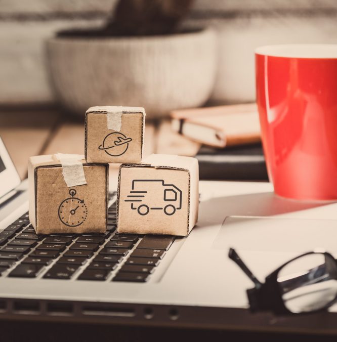 Global logistics concept with online trading and shopping in the internet, packages to be delivered after ordering on the computer